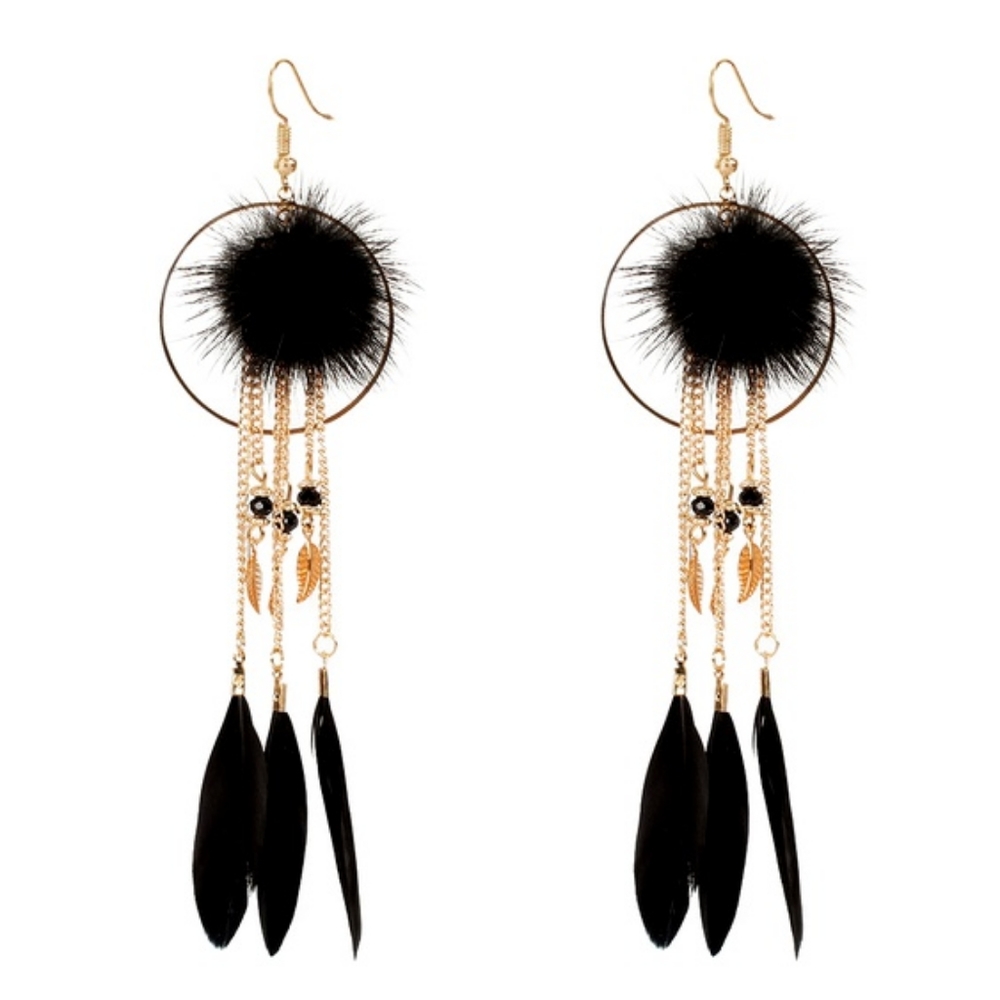 3/30 Boho Gypsy Black Feather Gold Leaf Dangle Earrings